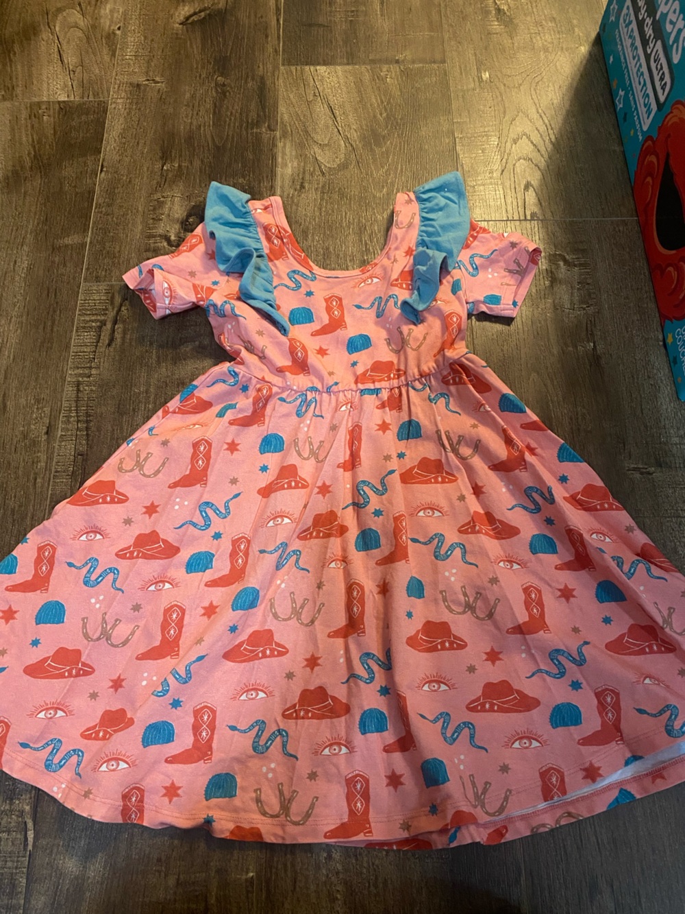 Rags Pink Western-Print dress with Blue Ruffle Accentsr